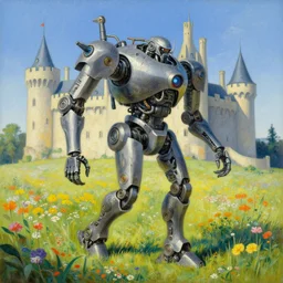 a beautiful painting of a large walking mechanical mech castle in a field of flowers by moebius