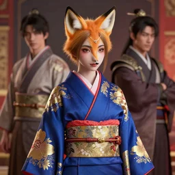 Ssunbuki as a woman with fox ears and a royal blue kimono with gold flowers, Yakuza, visualartzi, korean, concept art by Karla Ortiz, James Paick, Charlie Bowater, Krenz Cushart, highly detailed, ultra detailed, ultra realistic, trending on artstation, cgstudio