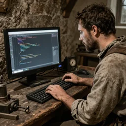 a dirty peasant writing code on a medieval computer like device