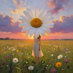 giant daisy flower as head, full body girl standing in a vast flower field, surreal photography, sunrise, dramatic light, impressionist painting, colorful clouds, digital painting, artstation, simon stalenhag