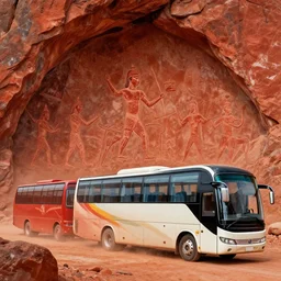 picture of evolution line from minibus to big coach bus, ancient prehistoric rock art in a cave style, red ocher paint