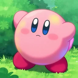 a fluffy, rainbow - laque kirby hiding behind a bush sho murase, alfred kubin, trending on artsstation