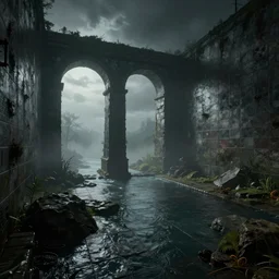 tiled room squared waterway, aqueducts, gloomy and foggy atmosphere, octane render, artstation trending, horror scene, volumetric lighting, highly detailded