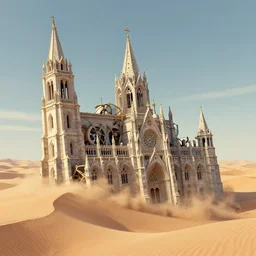 A mechanical royal cathedral sinking into sand dunes ,digital art, artstationhq, by Charles Sheeler and Jordan Grimmer and Victor Mosquera