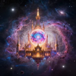 A tiny meteor floating through the nebula galaxy with an ornate palace with a central magic orb and vibrant colors lighting, stars and galaxies visible in the background, awe inspiring