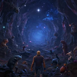 Endless abyss with creatures and stars in the background