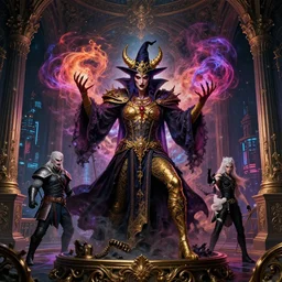 high fashion, beautiful portrait, evil powerful wizard mage, intricate colorful cosmic uncontrollable smoke magic battle, gold bloodborne, skyrim, witcher, rococo baroque gothic oriental eastern victorian interior cyberpunk city vista, artstation, tyle of artgerm, andreas rocha, hiroshi nagai