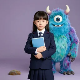 5 - year - old chinese girl dressed in a suit, holding a book, a monster next to her, portrait shot studio lights, 4 k