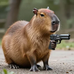 realistic capybara!!! holding with a gun!!!! from the new science fiction movie capybara!!! wit!!! h gun!!!, 8 k photo still, 8 k, f 1. 8, macro