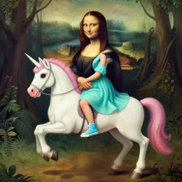 a young woman wearing a turquoise dress and high top sneakers riding a unicorn!, looks like mona lisa, a enchanted forest in the background!, centered, extremely detailed, long shadows, a painting by leonardo da vinci