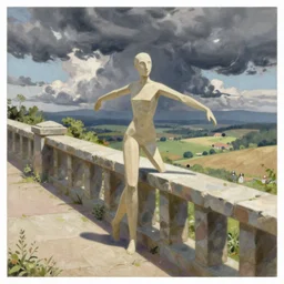 painting of a stone railing, countryside, calm, fantasy character portrait, dynamic pose, above view, sunny day, thunder clouds in the sky, artwork by jeremy lipkin and giuseppe dangelico pino and michael garmash and rob rey and greg manchess and huang guangjian and makoto shinkai, very coherent asymmetrical artwork, sharp edges, perfect face, simple form, 1 0 0 mm