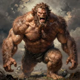 hairy, thick muscled, overbearing, hungry, menacing, giant painted by bernie wrightson, boris vallejo, frazetta
