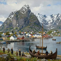 a viking viking busy capital city with a harbor and small viking viking ships in summer, norwegian romantic nationalism, epic ragged sharp dramatic snowcovered mountains in the background, lush vegetation, vikings, trading, volumetric lighting, ultra detailed, realistic, lost civilizations, masterpiece, 4 k, highly detailed, oil on canvas, smooth, by rudolf ernst and ludvig deutsch