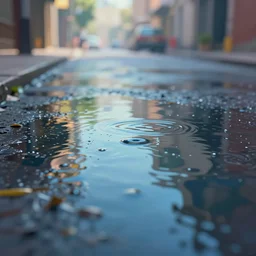 water on street, shallow depth of field, highly detailed, digital painting, trending artstation, concept art, illustration, cinematic lighting, vibrant colors, photorealism, epic, octane render
