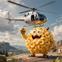 macaroni and cheese monster attacking a helicopter. Still from a big budget action movie.