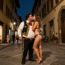 a portrait of a fat character dressed like a mexican in a street of firenze kissing a beautiful girl in bikini, wide angle, night, by jules bastien - lepage
