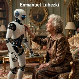 VFX movie portrait of old woman helping a futuristic assistant robot in a decadent living room by Emmanuel Lubezki