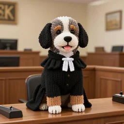 a photorealistic photograph of a smiling knitted bernedoodle judge dog dressed in a black gown, presiding over the courthouse. indoors, well lit. this 4 k hd image is trending on artstation, featured on behance, well - rendered, extra crisp, features intricate detail, epic composition and the style of unreal engine.