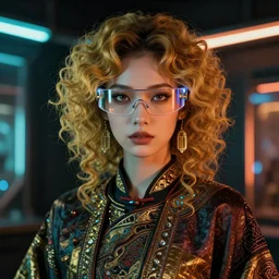 vertical portrait of ancient female with cyberpunk glasses, dark blonde, curly hair, symmetrical beautiful face, cyberpunk, native clothing, standing in the dark room, under neon, highly detailed, detailed eyes, high quality, fashion editorial photography, hyperrealistic, from vogue magazine, reflections, refraction, gold, teal, orange