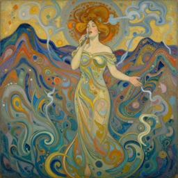woman singing in the style dustin yellin, of yoshitaka amano, miles johnston, von rueden, odilon redon, miles johnston, mohrbacher, peter ferguson, william turner, by, alphonse mucha, mountains, wavy, pallete knife, grains, impasto, paint pour, fractal, oil on canvas, smoke tendrils, in