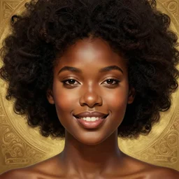 beautiful igbo feminine face! portrait of young woman blessed by god with ever - increasing physical and mental perfection, black afro hair, symmetrical! intricate, elegant, highly detailed, vision of holy perfection!! smile, digital painting, artstation, concept art, smooth, sharp focus, illustration, art by artgerm and greg rutkowski and alphonse mucha