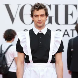 martin shkreli in maid uniform at harajuku tokyo street fashion event, a professional high quality photo from vogue magazine