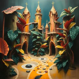 jungle city, abstract monstera plant city made out of monstera, muted colors, highly detailed surrealist painting, by michael divine by yvonne mcgillivray by michael divine by mandy jurgens by michael divine, monstera plant buildings, moody color palette, very very very beautiful, plant architecture made out of monstera