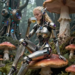photo of an intricate and sophisticated terminator woman with borg enhancements, blonde hair and detailed pretty face sitting on a giant mushroom in a weird magical mechanical forest and drinking a cup of tea. Very detailed 8k. Fantasy cyberpunk horror. Sharp.