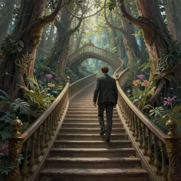 a man, walking up a steep and winding staircase in magical woods. intricate, elegant, highly detailed, digital painting, artstation, concept art, sharp focus, illustration, by justin gerard and artgerm, 8 k