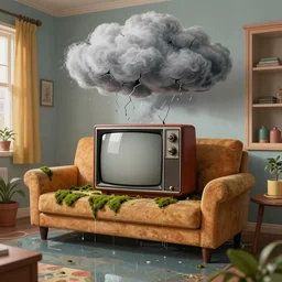 old television with storm clouds leaking out of cracks, flooded colorful 1 9 7 0 s apartment interior, couch, water damage, moss