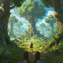 first person perspective digital illustration of Feron Woods in in Hyrule reimagined by industrial light and magic:1|wide angle panoramic by beeple and Roger Dean, viewed from eye level:0.9|fantasy, cinematic:0.9|Unreal Engine, Octane, finalRender, devfiantArt, artstation, artstation HQ, behance, HD, 16k resolution:0.8
