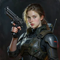 painting by donato giancola, cyberpunk soldier with hand cannon