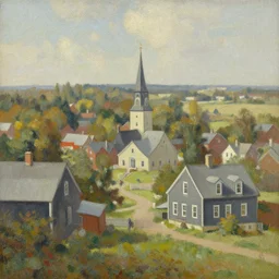 a painting of new england town in the style of max mays