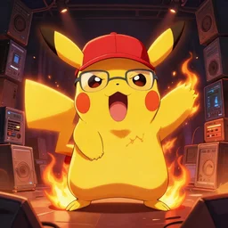 character art by ruan jia, angry pikachu screaming with his veins out of his neck wearing wayfarer glasses and red baseball hat at a music concert, on fire, fire powers, room filled with computer equipment