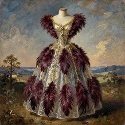 a transparent dress made of feather, burgundy fur and golden chains by Caravaggio, oil painting, thin paint, hyper detailed, crisp lines