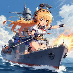 Battleship Haruna from Kantai Collection in the middle of a firefight, cute, Beautiful depiction , intricate, elegant, highly detailed, digital painting, 4k, HDR, concept art, smooth, sharp focus, illustration,Raytracing , Anime wallpaper ,intricate, elegant