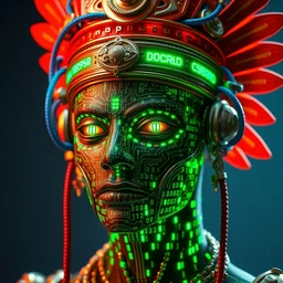 awardwinning photo of a steampunk tut anch amun, the face is covered with green glowing digital circuits, wearing a glowing red and golden metallic aztec diadem with blue cables and shiny metallic gears, 3 d render, crisp, 8 k, fluorescent colors, nikon photography