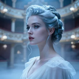 cinestill 5 0 d portrait of a beautiful dreamy woman by annie liebovitz, acting in a dystopian baroque theatre, pale blue tonal glossy, hair intricate style, wearing white dress, elegant, highly detailed, soft foggy blur, artstation, sharp focus, head in focus,