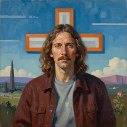 Terence McKenna on a pixeleated cross with surrealist background, oil painting