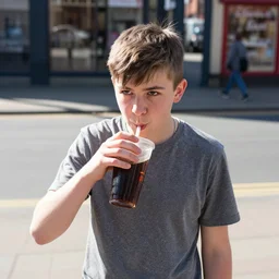 a medium shot overhead sunlight midday energetic street portrait photojournalism of a average middle class irish teenager drinking a soda at a fast food