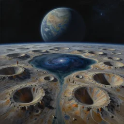 matte sharp painting of a tranquil planet where the craters meet a cosmic lake, artstation behance by emilia dziubak, will terry, greg olsen, chris mars, ann long, and mark brooks, lisa frank, dramatic,