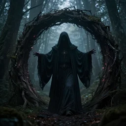 photo of a mystical figure in occult robes in a dark misty forest opens a portal to hell, highly detailed, epic