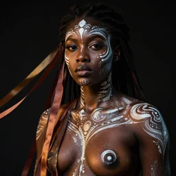 a portrait of a black warrior woman with body paint, fractal shapes, dramatic light, cinematic lighting, ribbons,