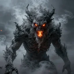 a beautiful terrifying monster of ash and smoke, eyes and mouth glowing like burning embers in the style of michael whelan. hyperdetailed photorealism by greg rutkowski. 1 0 8 megapixels, 3 d finalrender, cinematic lighting.