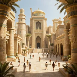inside an ancient egyptian inspired kingdom city with people walking around, highly detailed, 8 k, hdr, award - winning, octane render, artstation