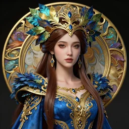 a beautiful girl celtic queen in intricate detailed color blue and gold costume, 3 d render, hyper realistic detailed portrait, big flocking color leaves, ornate leaves headpiece, elegant, intense colors, ruan jia, moebius, fantasy, hyper detailed, octane render, concept art, by peter mohrbacher, by alphonse mucha, henri rousseau, detailled