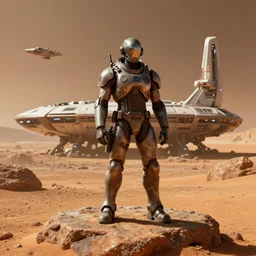 “ doom marine, standing on martian rock, in front of mars base, space ship in background, octane render, digital art ”