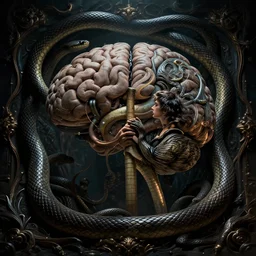 Cane and Able inside the brain, snake is surrounding them, beautiful dramatic moody lighting, cinematic atmosphere, high detail, 8k, ornate, dark fantasy, masterpiece, complex, film still from the movie directed by Denis Villeneuve with art direction by Zdzislaw Beksiński, Dan Mumford, Patiphan Sottiwilaiphong, Yintion J - Jiang Geping