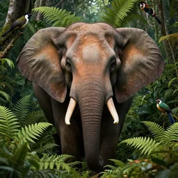 elephant face surrounded by ferns, rare bird, jungle, highly detailed, unreal engine render concept art, style of henri rousseau and richard scarry and hiroshi yoshida