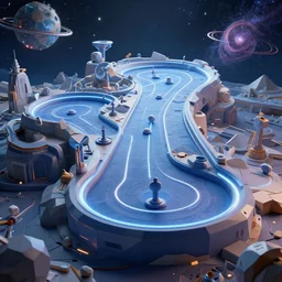 a beautiful 3 d artwork, low poly, level design, insanely detailed, technological, cosmic space themed mini putt course, sharp focus, ethereal, ambient, volumetric lighting, concept art, intricate, smooth, dynamic, subsurface scattering, wide angle, horizontal orientation, very coherent, hyper realism, behance, ray tracing, 3 d render, 8 k